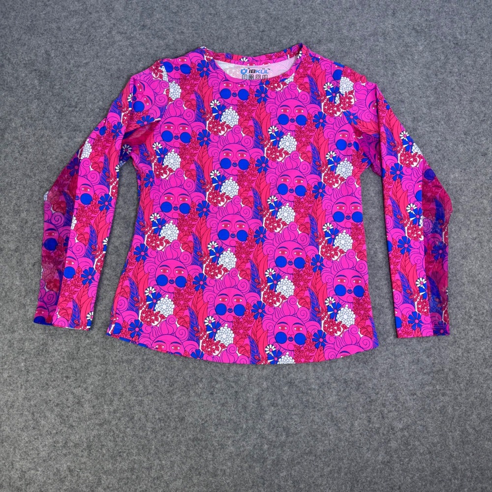 IBKUL Womens Pink Blue Psychedelic Floral Face Print UPF 50+ Sun Shirt Large